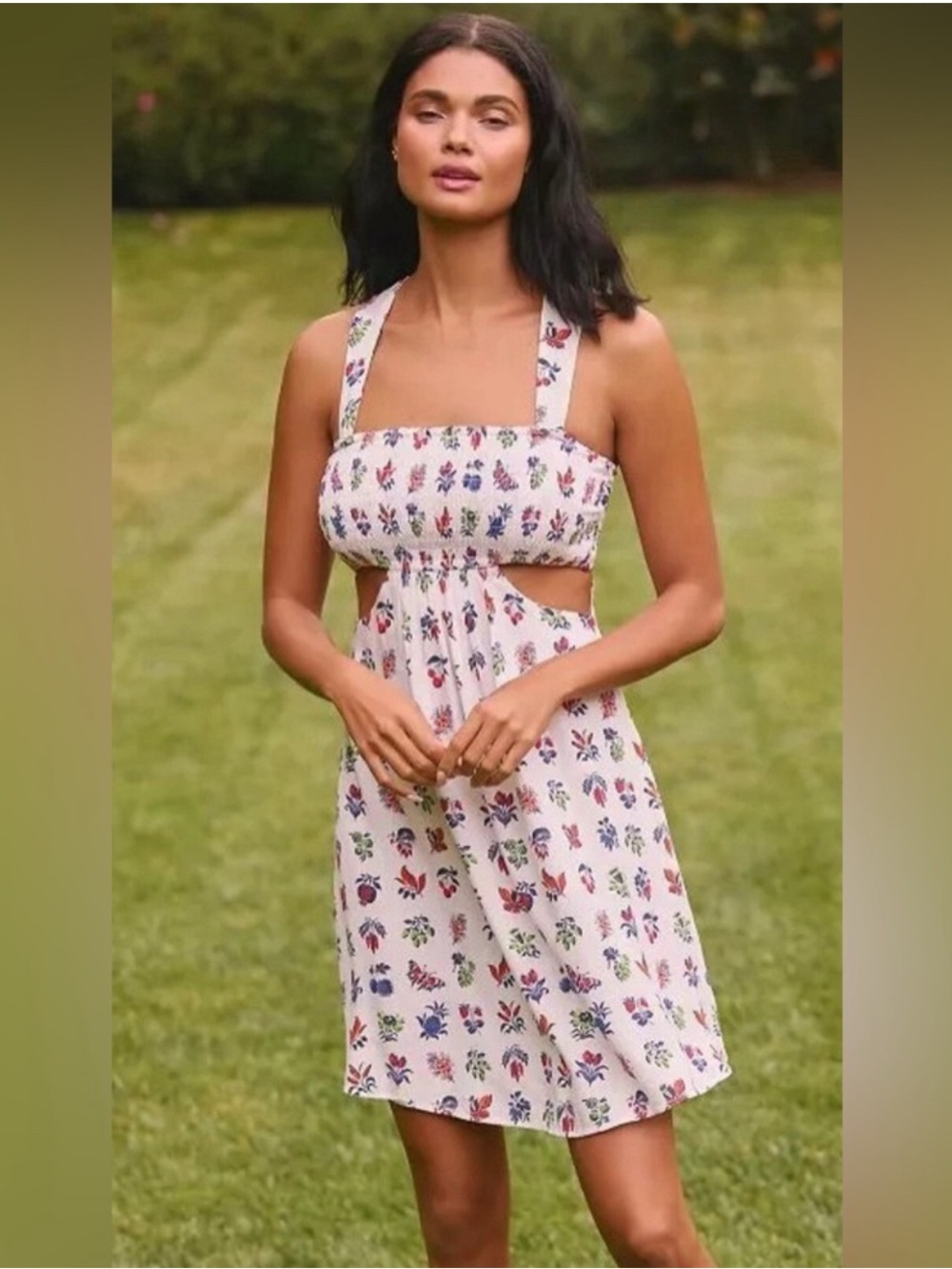 Anthropologie White Sundress with Purple, Green & Orange Floral Print